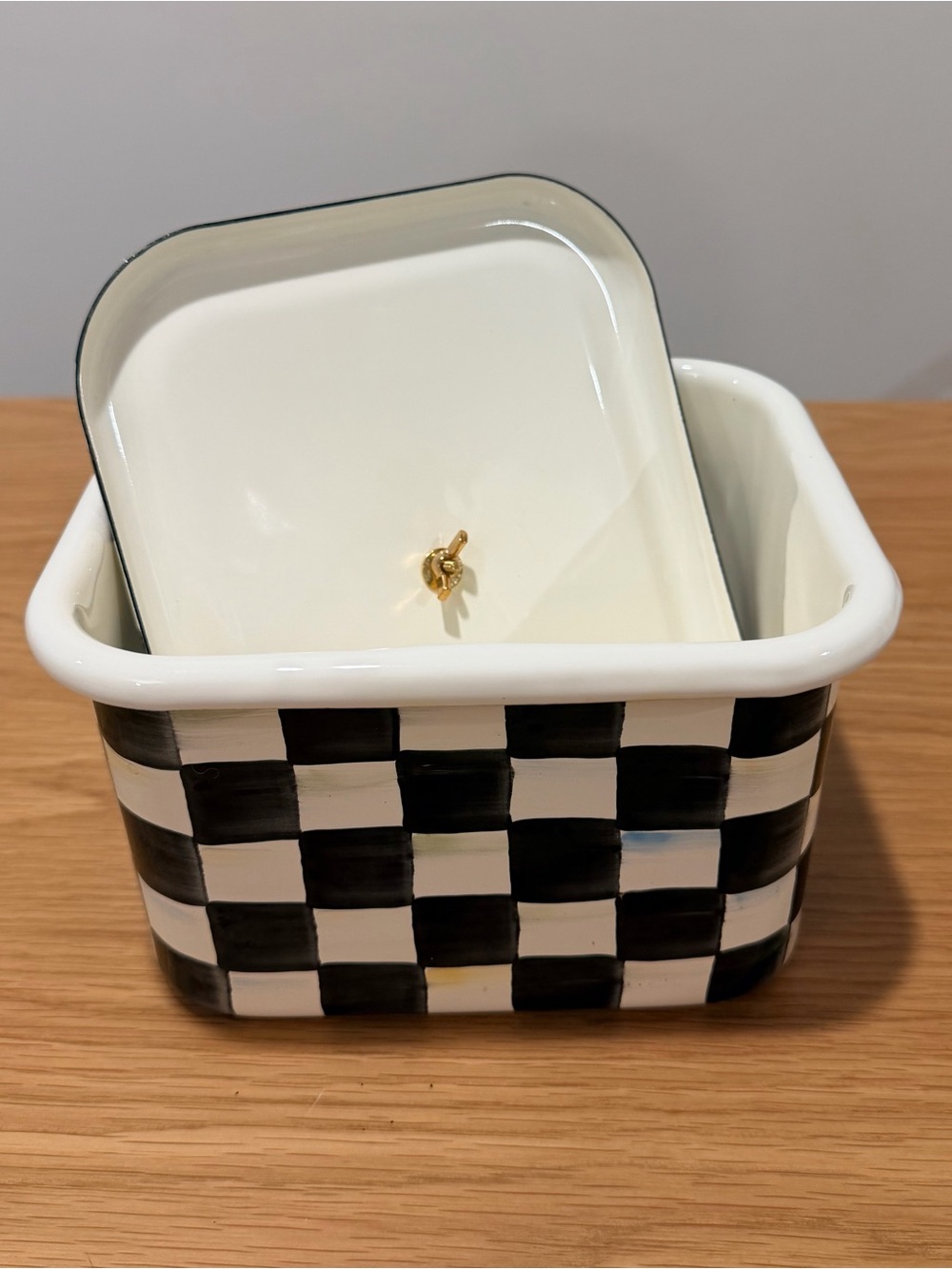 MacKenzie-Childs Black and White Check Covered Box with Red Gold Finial - Picture 2 of 3